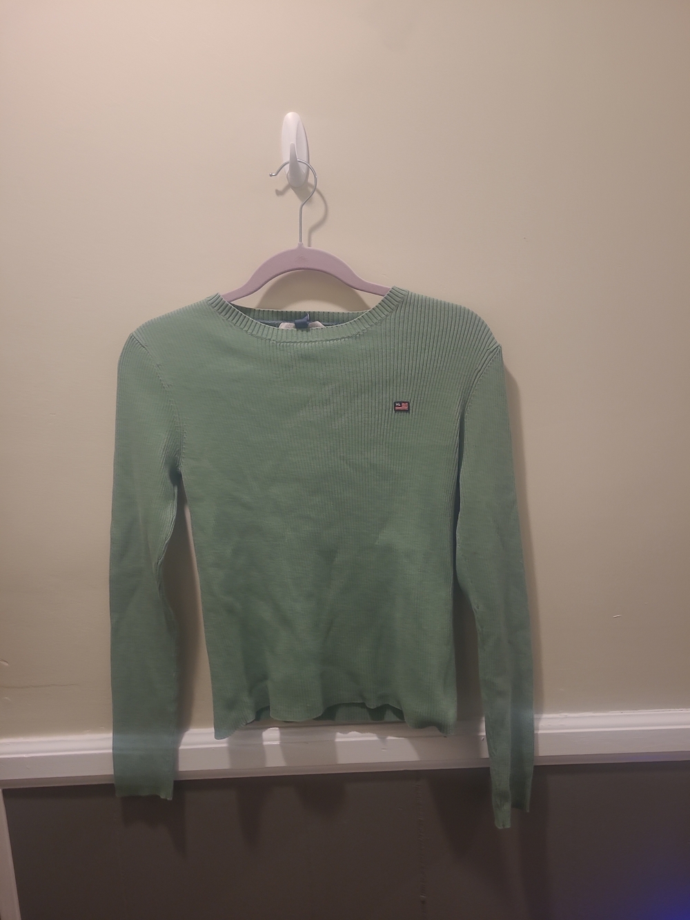Vintage Polo Jeans Womens Medium Sage Green Ribbed Long Sleeve Top FLAW